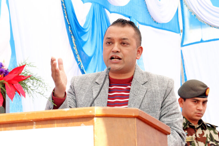 Nepali Congress leader Gagan Thapa speaking at program organised to support quake-affected building of Central Deaf Higher Secondary School in Naxal on Monday, December 28, 2015. Photo: RSS